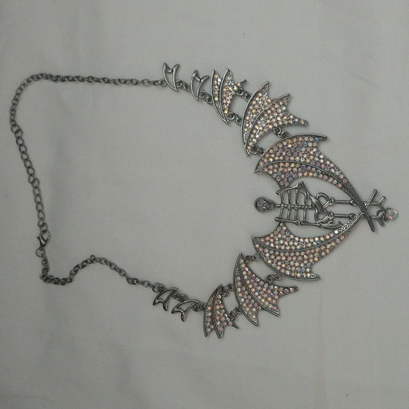 Necklace Skeleton with Bat Wings Halloween Rhinestone Bling Costume Gothic Punk - Picture 10 of 15